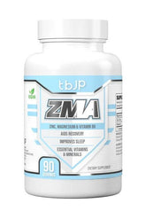 ZMA supplement bottle featuring zinc, magnesium, and vitamin B6 for improved sleep and recovery, vegan-friendly, 90 capsules.